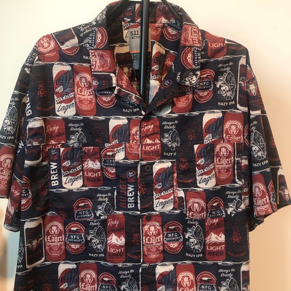 5.11 Tactical Short-Sleeve Button-Down Shirt in Navy and Red Beer-Can Print